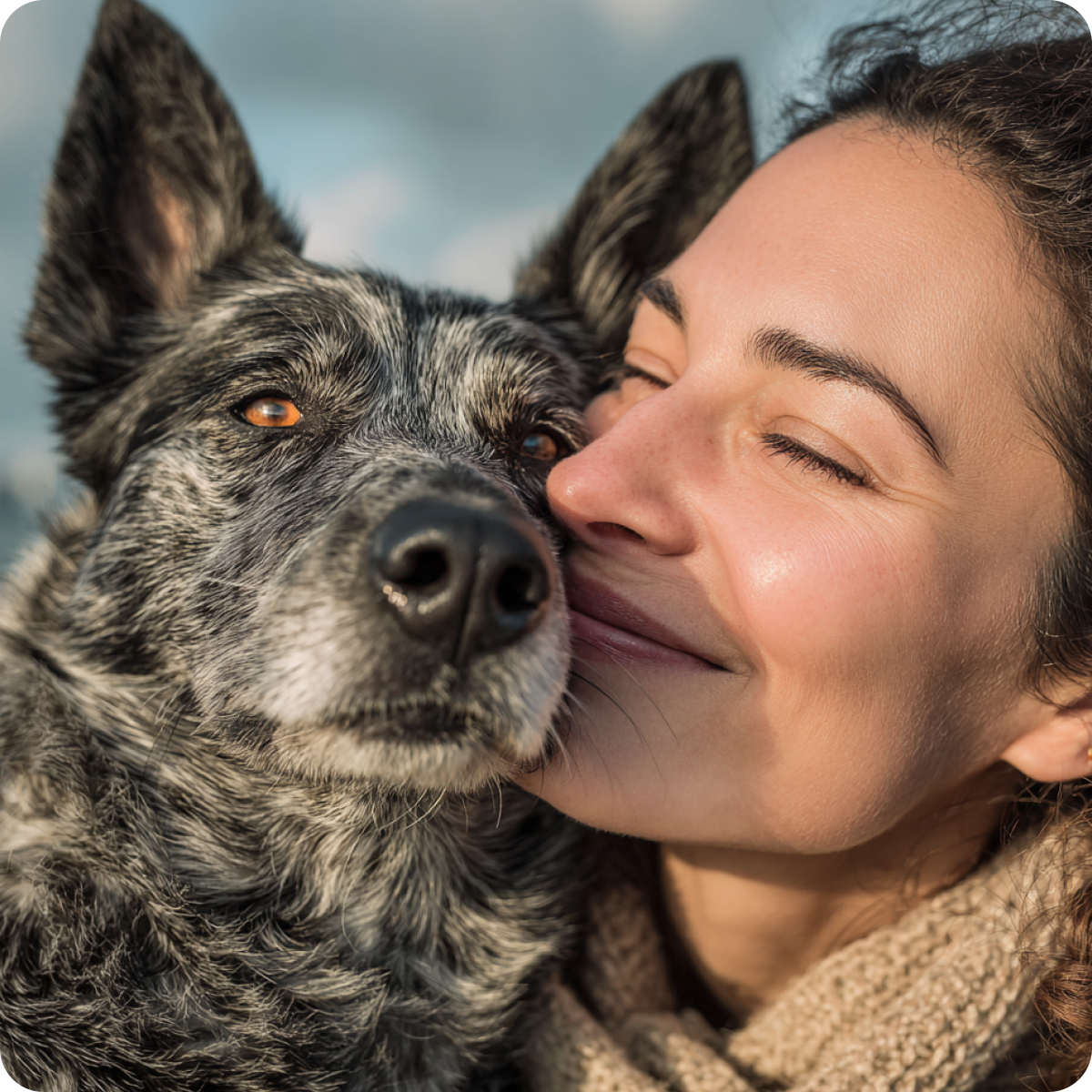 A reunited happy dog owner holding their recovered pet