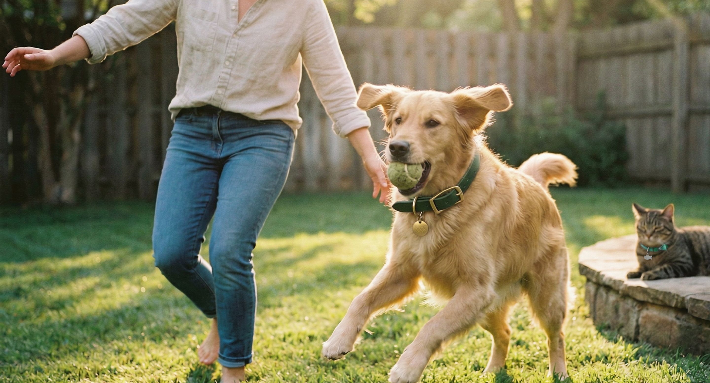 Happy dog wearing a Pawe smart QR tag running in a park
